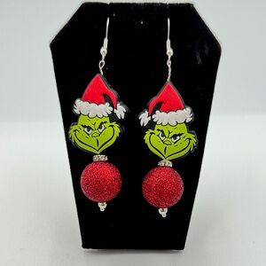 Grinch Christmas Earrings with Red Glitter